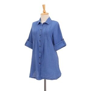 ✨Novica Women's Blue Gauze Pintuck Cotton Button Down Roll Tab Sleeve Shirt LG